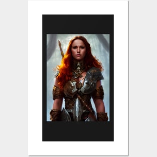 Barbarian red hair woman in full armour Posters and Art